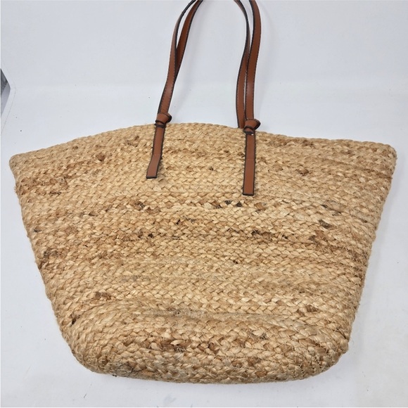 MANGO Large Natural Jute Basket Bag Canvas Drawstring Liner Leather Straps - Picture 5 of 16